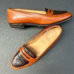 Allen Edmunds Avalon Two-Tone Loafers, Brown Leather w/ Embossed Croc, Size 6.5